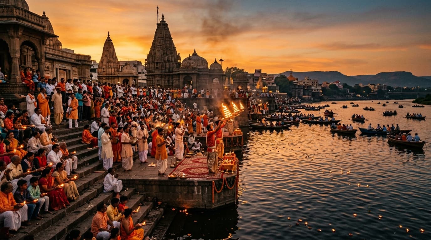 Sacred Godavari river temple ghats in Nashik during evening prayer aarti