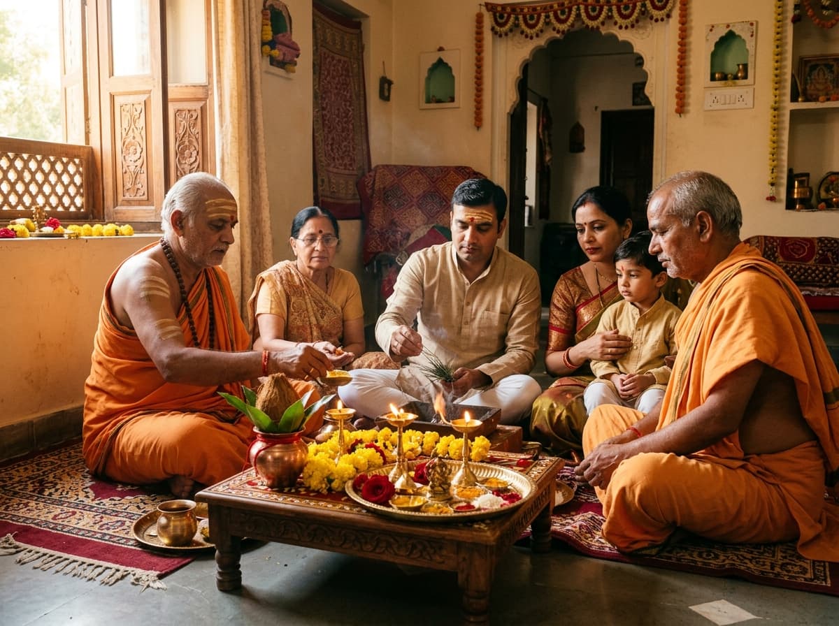 Vedic Pandit conducting traditional home puja ceremony with Indian family