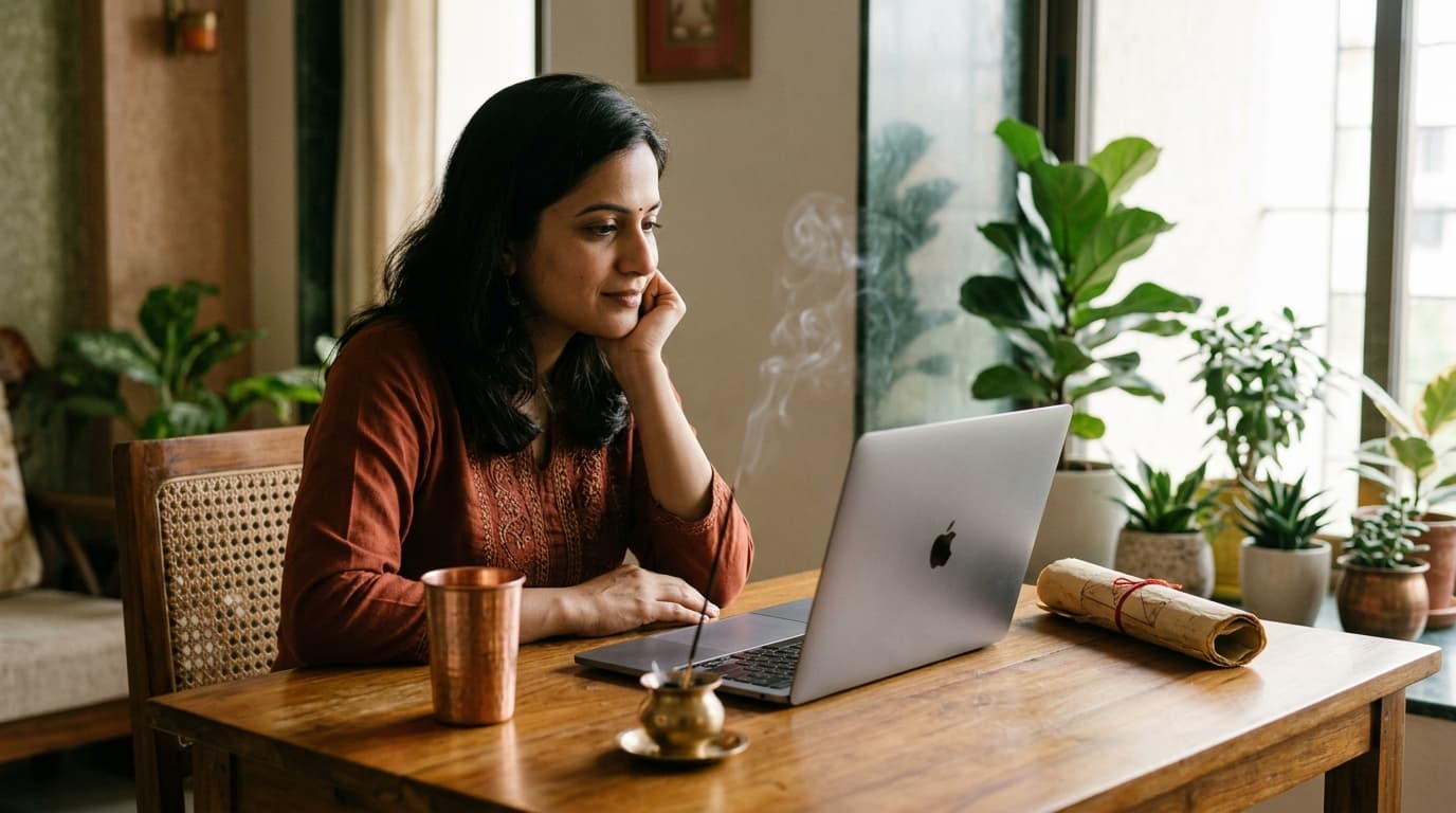 Devotee selecting Vedic consultation on modern device