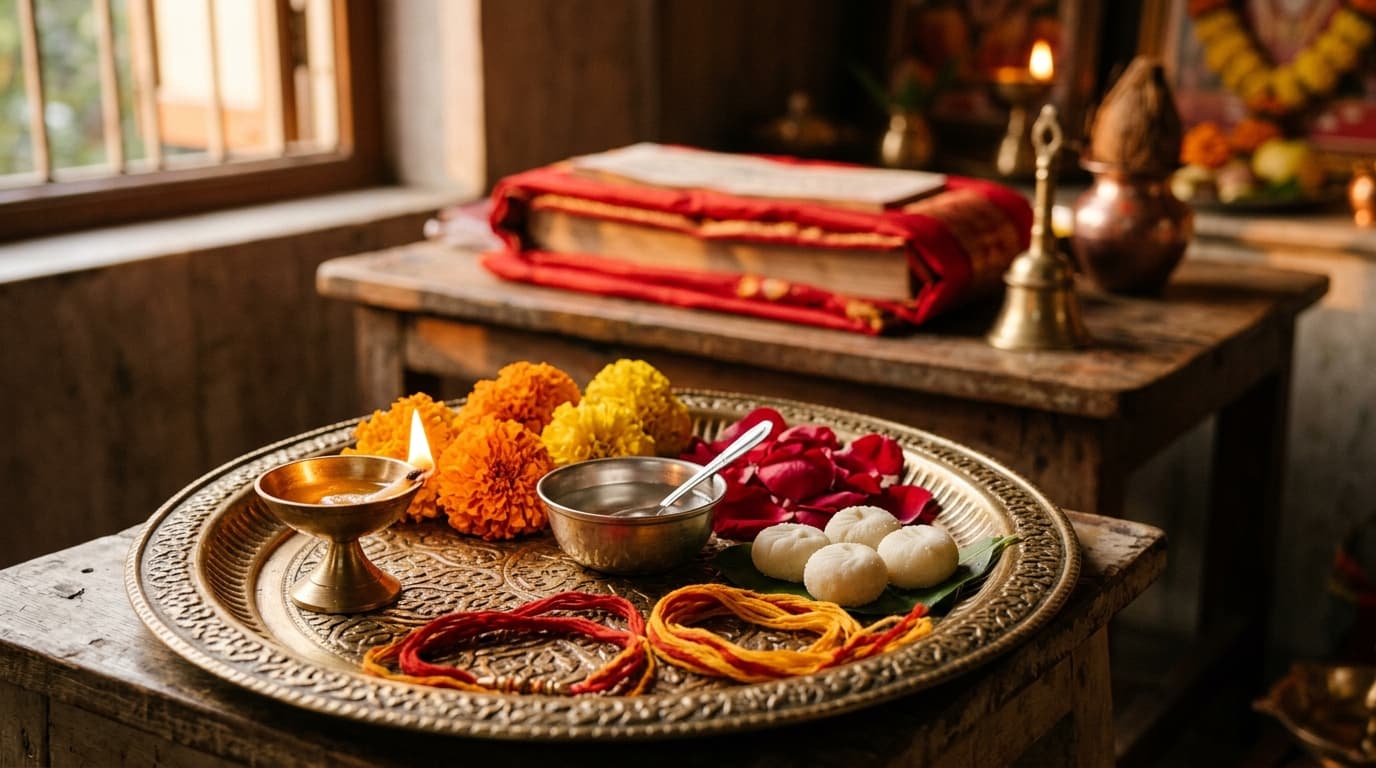 Consecrated temple prasad, sacred diya, and puja samagri on ornate brass thali